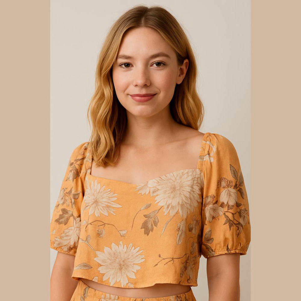 H&M Floral Yellow‎ Crop Top Blouse Draw String Back Low Cut Women’s Summer